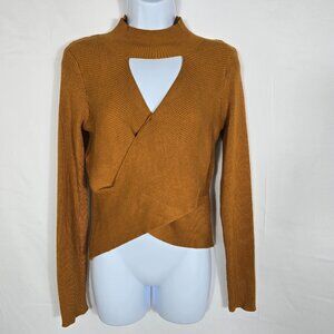 Retro Sweater Brown Womens Sz L Cut Out Choker Long Sleeve Rib Knit Wrap